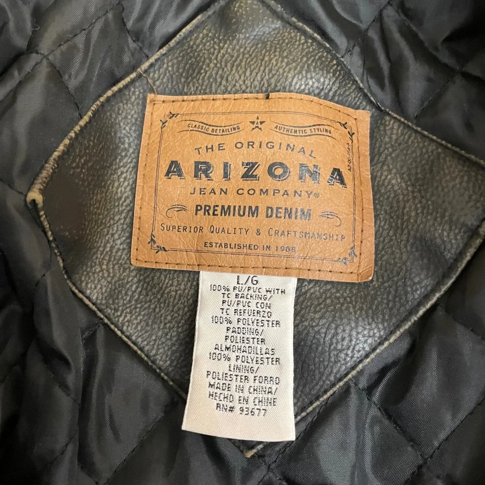 Arizona Jean Co Mens Faux Leather Distressed Moto Jacket Brown Large L/G Zip Up